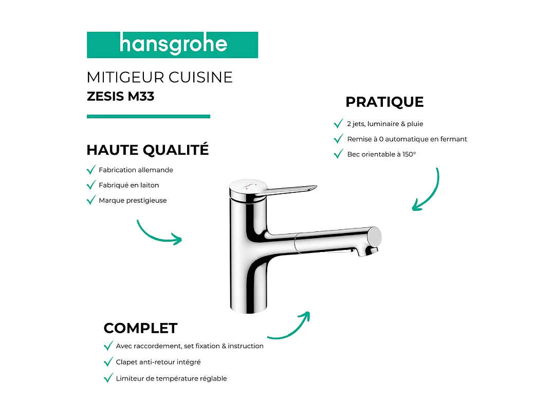 Evier 1 bac 980 HANSGROHE S52 synthèse noir + robinet de cuisine avec douchette HANSGROHE Zesis M33 150 2 jets chromé