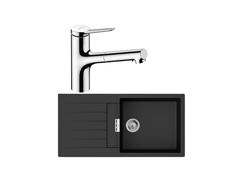 Evier 1 bac 980 HANSGROHE S52 synthèse noir + robinet de cuisine avec douchette HANSGROHE Zesis M33 150 2 jets chromé