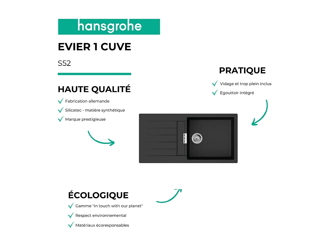 Evier 1 bac 980 HANSGROHE S52 synthèse noir + robinet de cuisine avec douchette HANSGROHE Zesis M33 150 2 jets chromé
