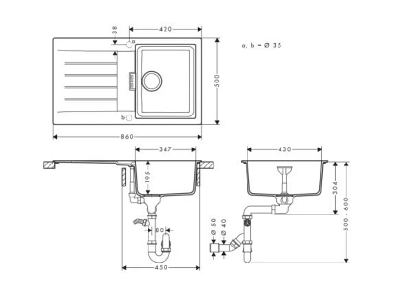 Evier 1 bac 980 HANSGROHE S52 synthèse noir + robinet de cuisine avec douchette HANSGROHE Zesis M33 150 2 jets chromé