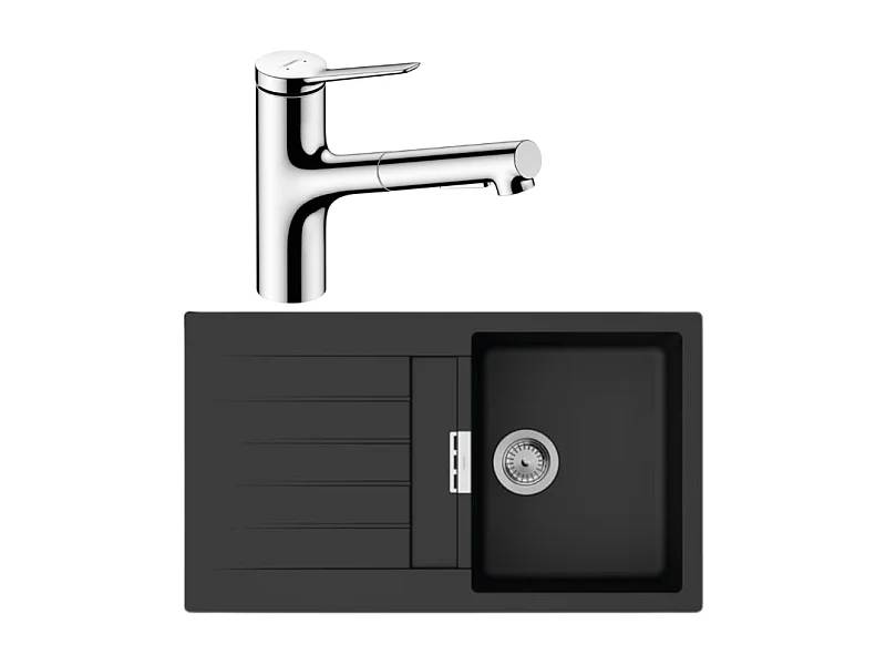 Evier 1 bac 840 HANSGROHE S52 synthèse noir + robinet de cuisine avec douchette HANSGROHE Zesis M33 150 2 jets chromé