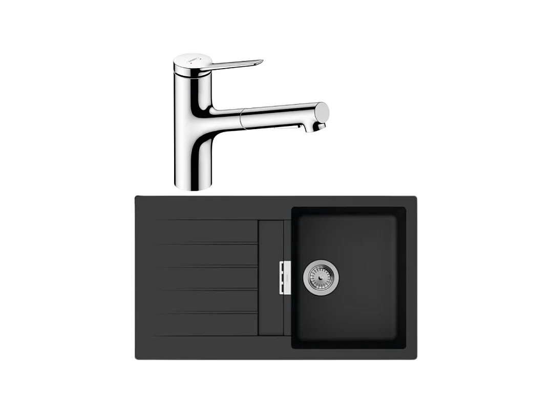 Evier 1 bac 840 HANSGROHE S52 synthèse noir + robinet de cuisine avec douchette HANSGROHE Zesis M33 150 2 jets chromé