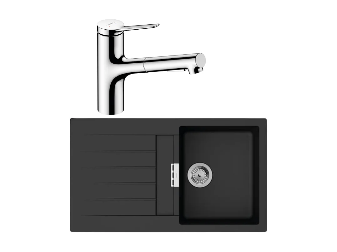 Evier 1 bac 840 HANSGROHE S52 synthèse noir + robinet de cuisine avec douchette HANSGROHE Zesis M33 150 2 jets chromé