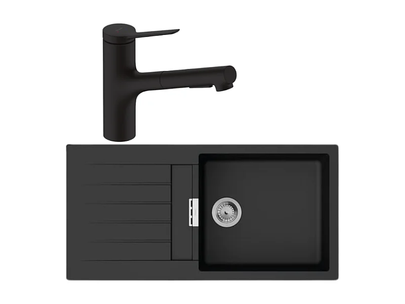 Evier 1 bac 980 HANSGROHE S52 synthèse noir + robinet de cuisine avec douchette HANSGROHE Zesis M33 150 2 jets noir mat