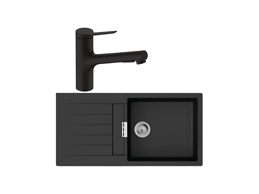 Evier 1 bac 980 HANSGROHE S52 synthèse noir + robinet de cuisine avec douchette HANSGROHE Zesis M33 150 2 jets noir mat