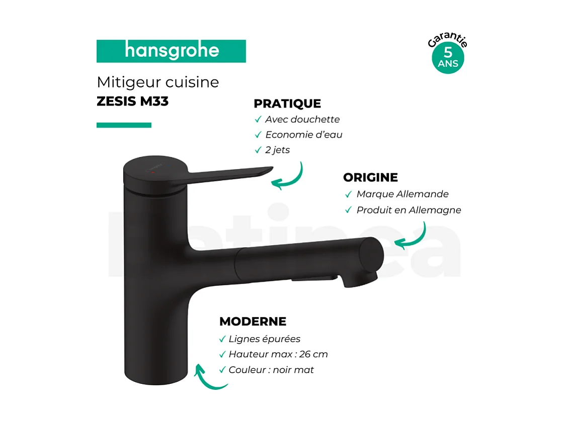 Evier 1 bac 980 HANSGROHE S52 synthèse noir + robinet de cuisine avec douchette HANSGROHE Zesis M33 150 2 jets noir mat