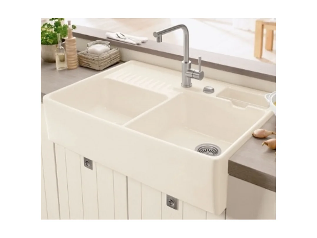 Evier cuisine 2 bacs VILLEROY ET BOCH Tradition Creme CeramicPlus avec vidage manuel