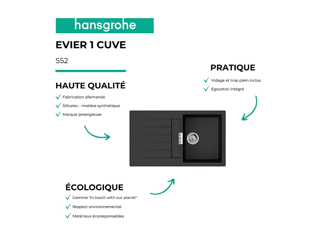 Evier 1 bac 840 HANSGROHE S52 synthèse noir + robinet de cuisine HANSGROHE Logis M31 160 chromé
