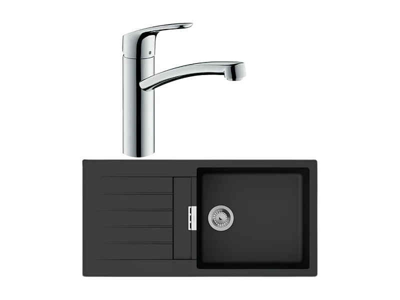 Evier 1 bac 980 HANSGROHE S52 synthèse noir + robinet de cuisine HANSGROHE Focus M41 160 chromé
