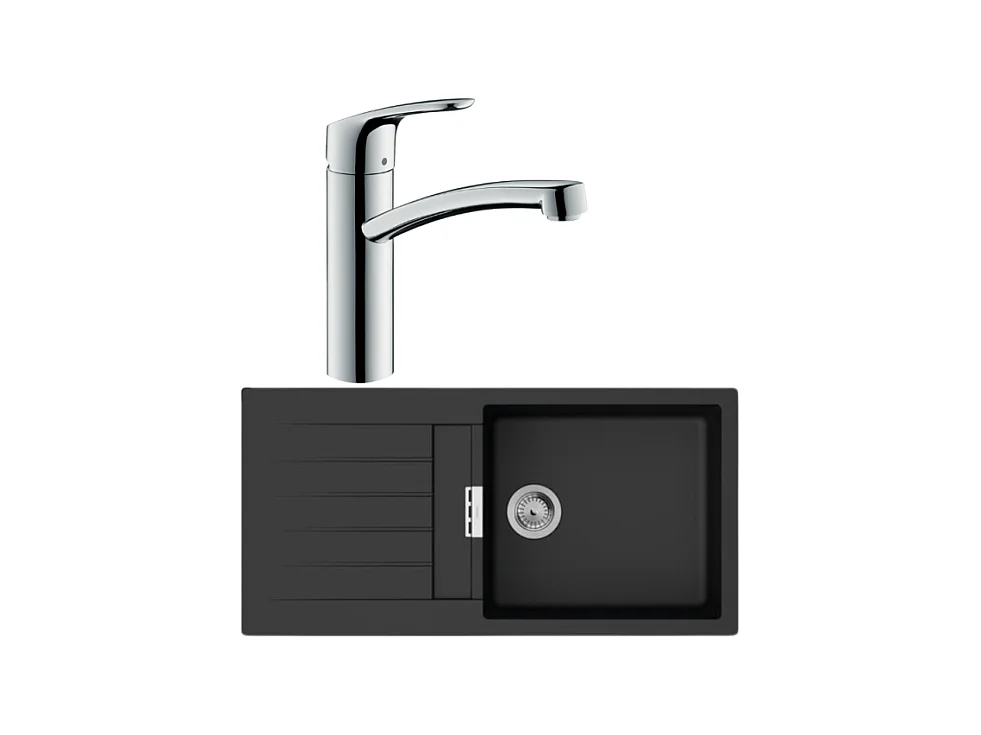 Evier 1 bac 980 HANSGROHE S52 synthèse noir + robinet de cuisine HANSGROHE Focus M41 160 chromé