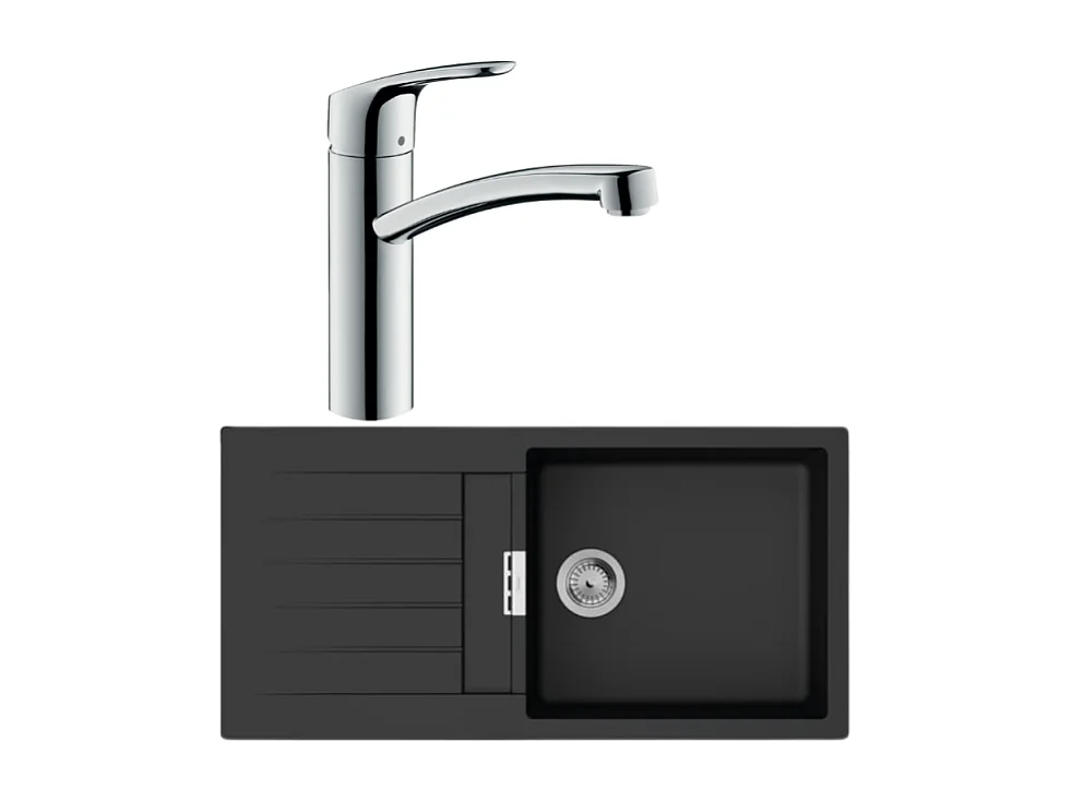 Evier 1 bac 980 HANSGROHE S52 synthèse noir + robinet de cuisine HANSGROHE Focus M41 160 chromé