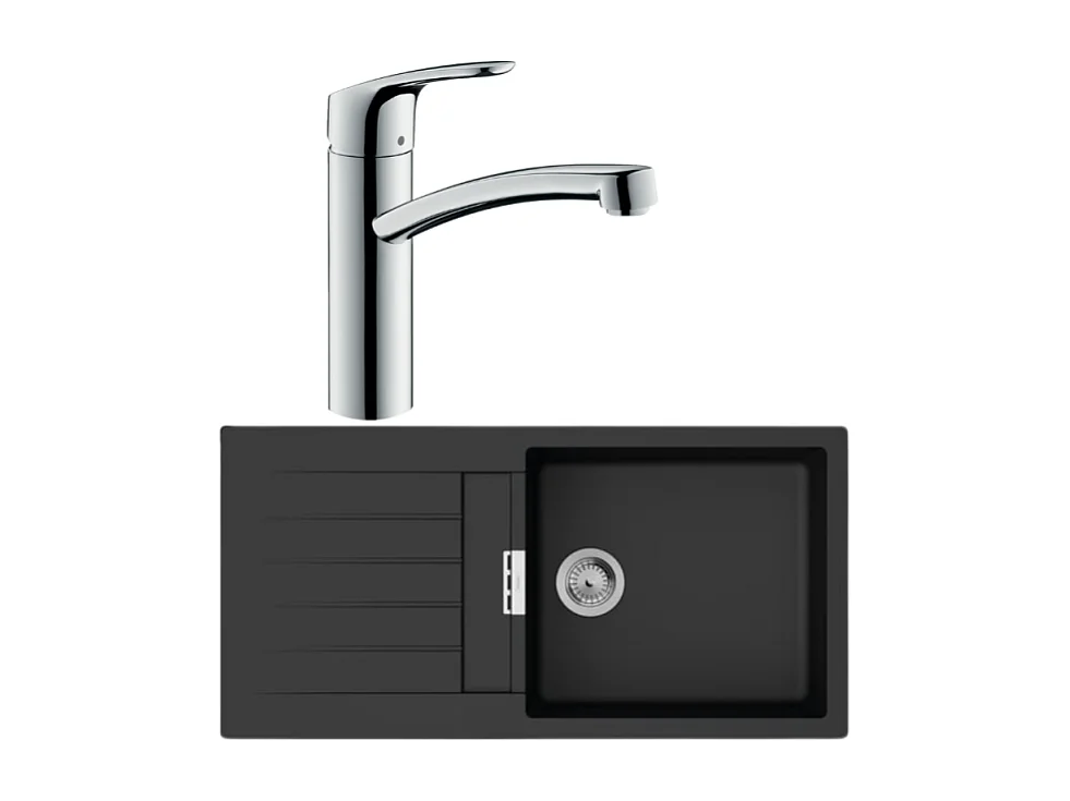 Evier 1 bac 980 HANSGROHE S52 synthèse noir + robinet de cuisine HANSGROHE Focus M41 160 chromé