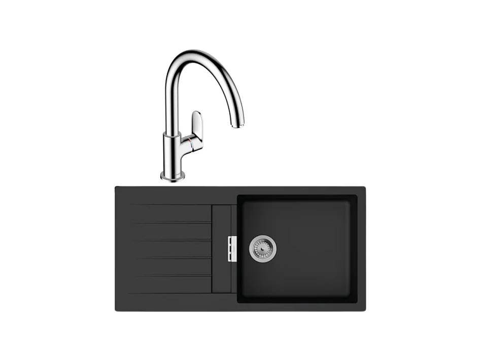 Evier 1 bac 980 HANSGROHE S52 synthèse noir + robinet de cuisine HANSGROHE Vernis Blend M35 210 chromé