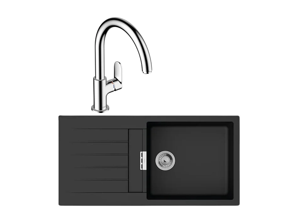 Evier 1 bac 980 HANSGROHE S52 synthèse noir + robinet de cuisine HANSGROHE Vernis Blend M35 210 chromé