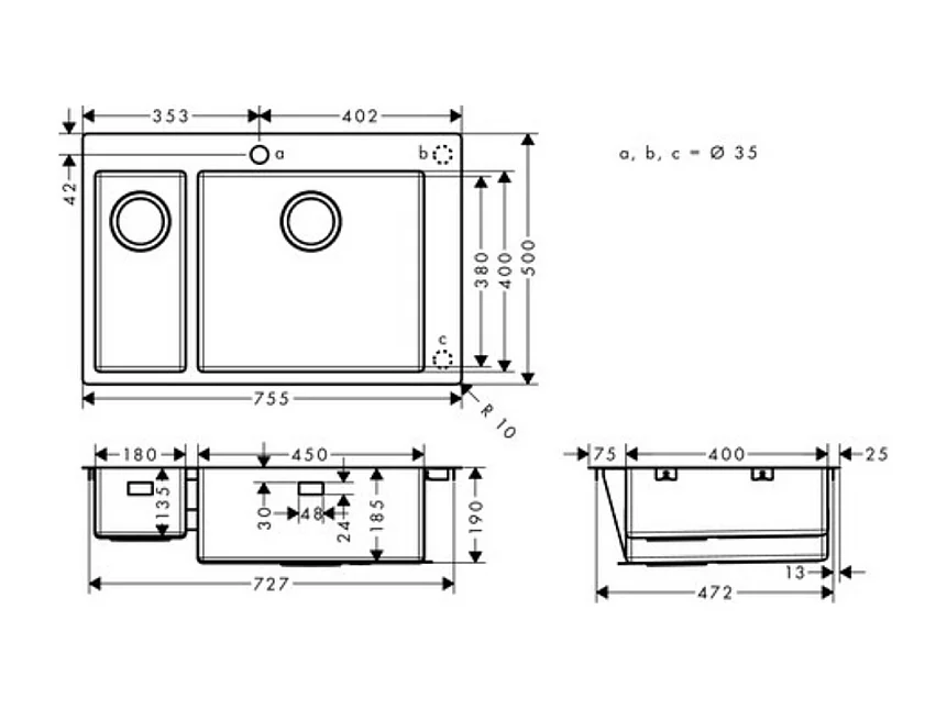 Evier à encastrer 1 bac et demi HANSGROHE S71 450 sans vidage inox