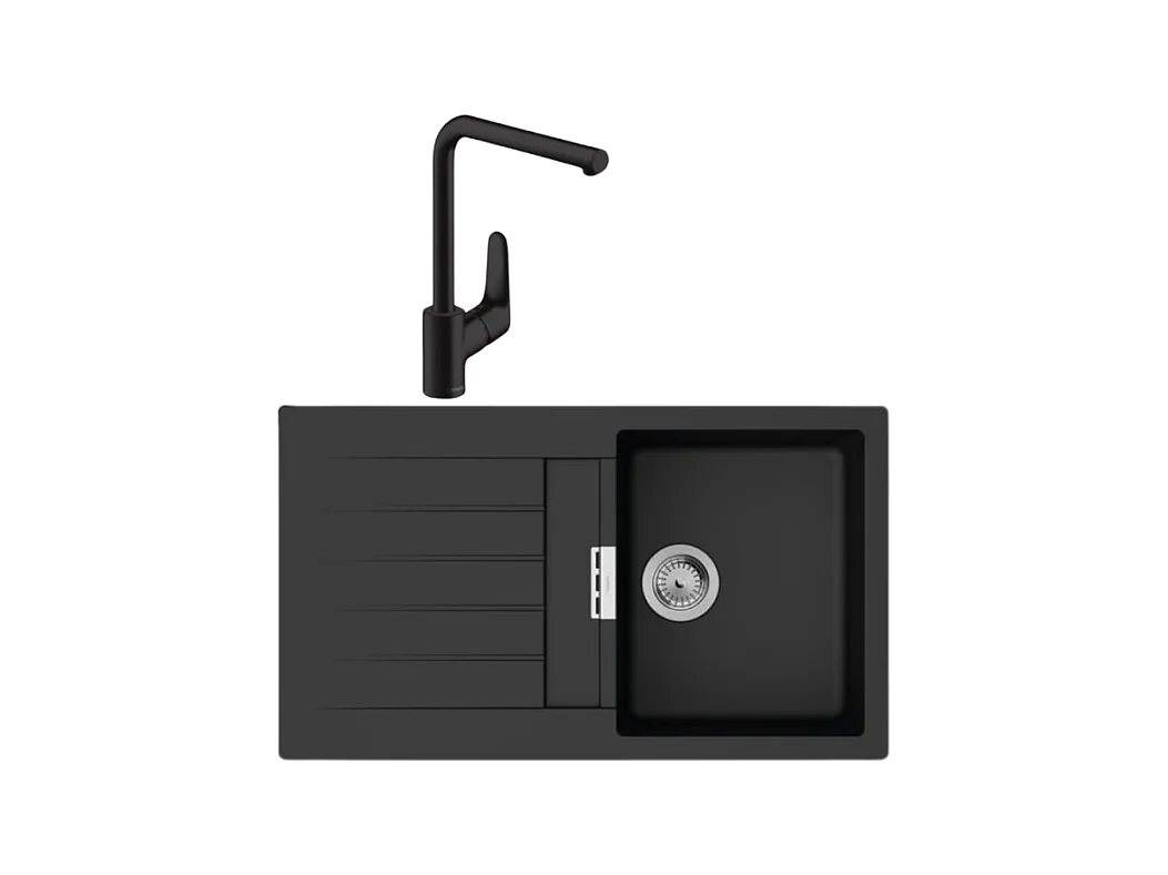 Evier 1 bac 840 HANSGROHE S52 synthèse noir + robinet de cuisine HANSGROHE Focus M41 280 noir mat