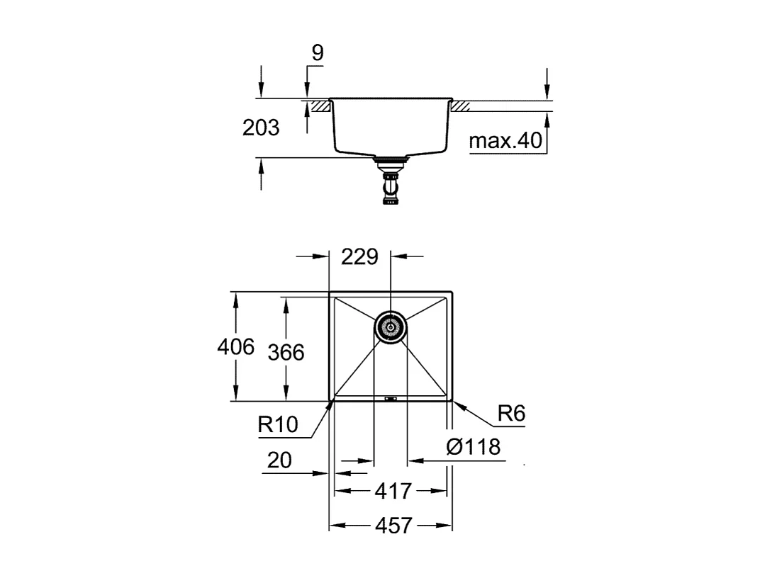 GROHE Fregadero de 1 seno 457 x 406 mm granito negro compuesto de cuarzo K700U