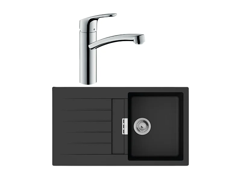 Evier 1 bac 840 HANSGROHE S52 synthèse noir + robinet de cuisine HANSGROHE Focus M41 160 chromé