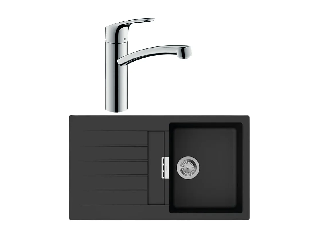 Evier 1 bac 840 HANSGROHE S52 synthèse noir + robinet de cuisine HANSGROHE Focus M41 160 chromé