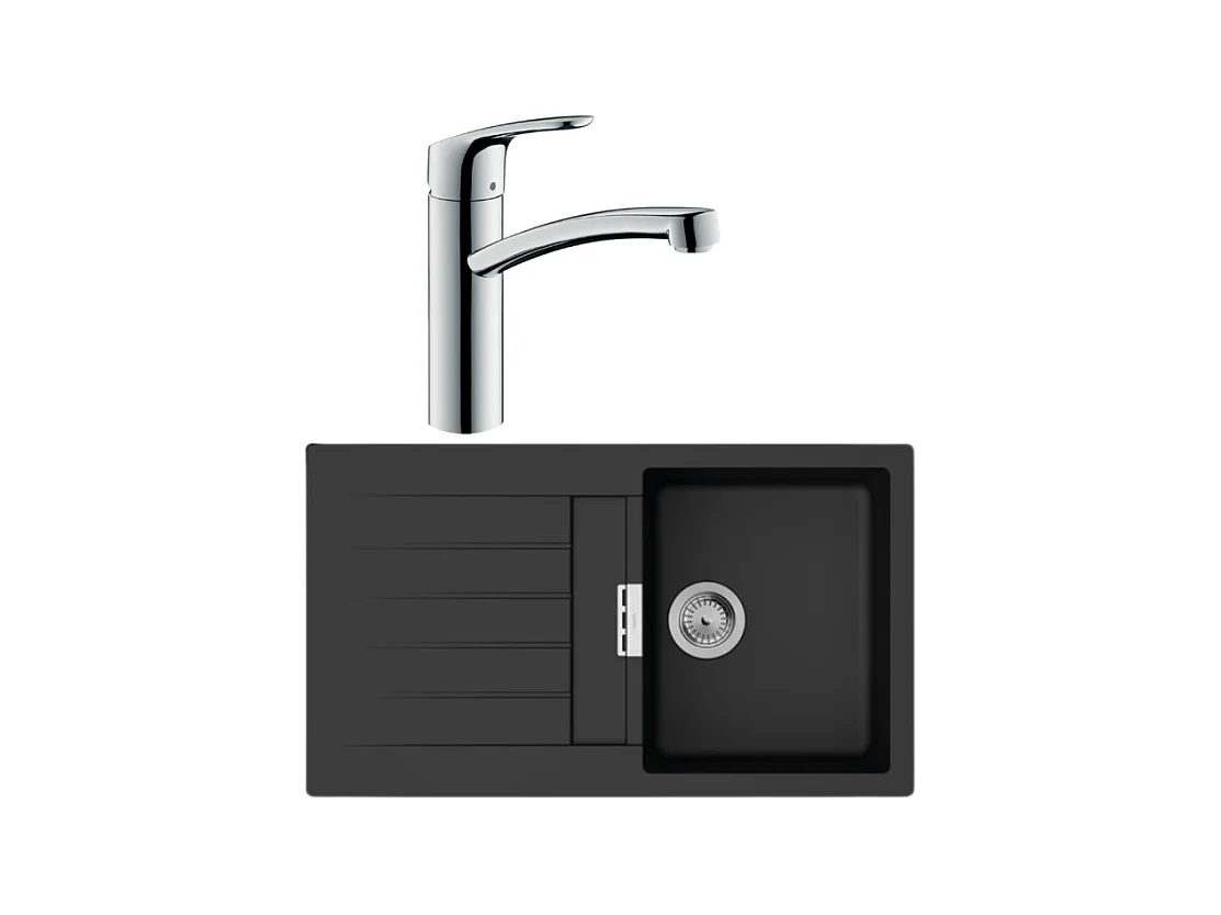 Evier 1 bac 840 HANSGROHE S52 synthèse noir + robinet de cuisine HANSGROHE Focus M41 160 chromé