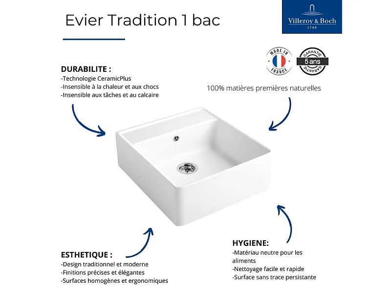 Evier timbre office VILLEROY ET BOCH Tradition Stone White CeramicPlus avec vidage manuel