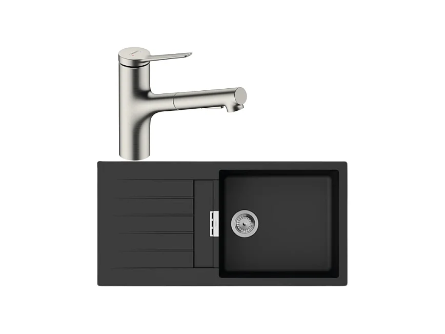 Evier 1 bac 980 HANSGROHE S52 synthèse noir + robinet de cuisine avec douchette HANSGROHE Zesis M33 150 2 jets aspect acier inox