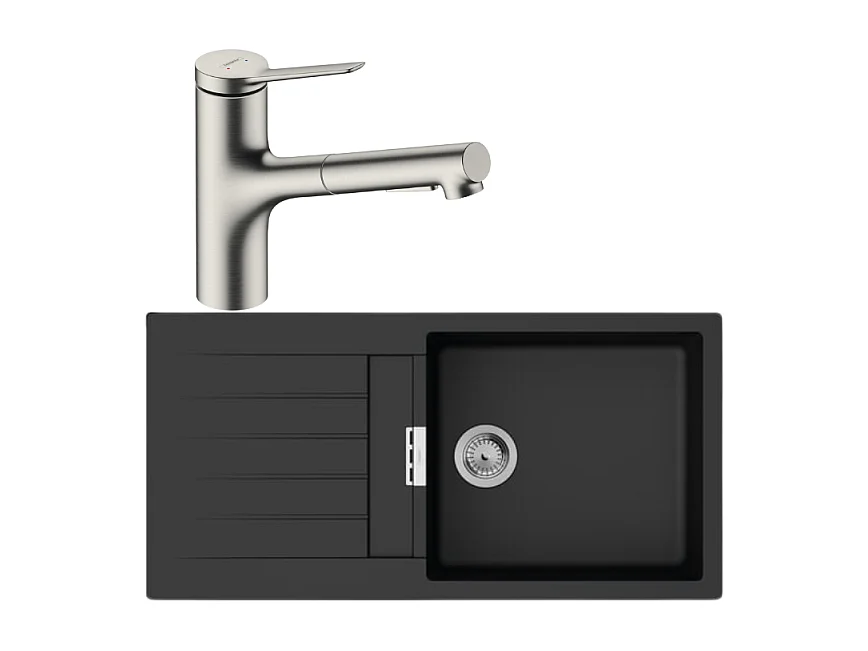 Evier 1 bac 980 HANSGROHE S52 synthèse noir + robinet de cuisine avec douchette HANSGROHE Zesis M33 150 2 jets aspect acier inox