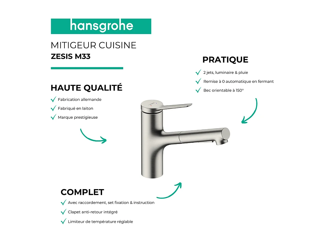 Evier 1 bac 980 HANSGROHE S52 synthèse noir + robinet de cuisine avec douchette HANSGROHE Zesis M33 150 2 jets aspect acier inox
