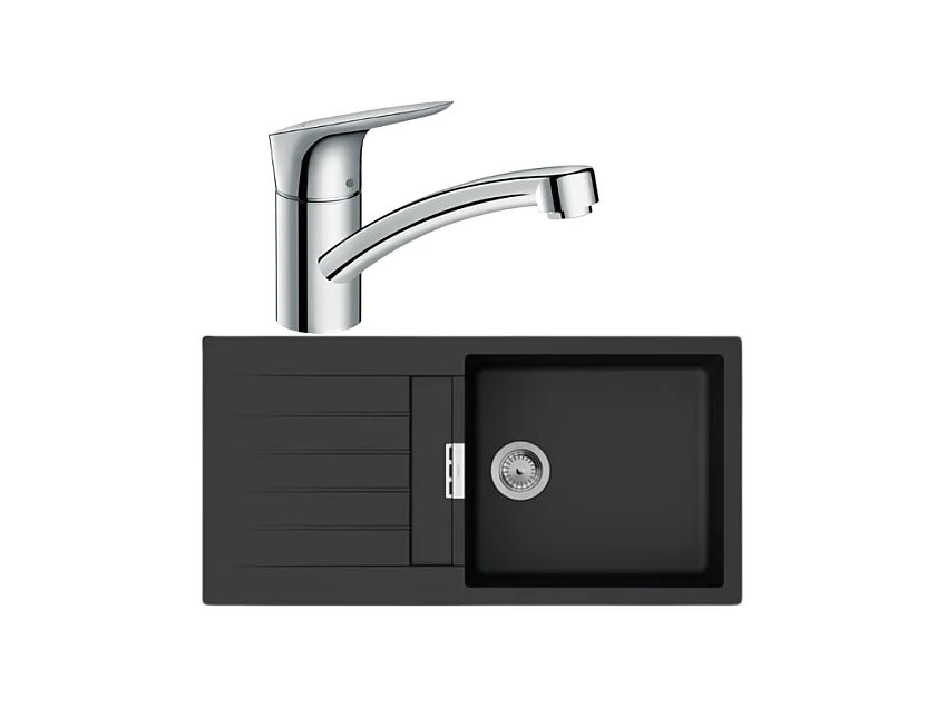 Evier 1 bac 980 HANSGROHE S52 synthèse noir + robinet de cuisine HANSGROHE Logis M31 120 chromé