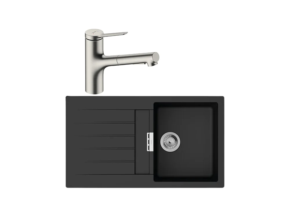 Evier 1 bac 840 HANSGROHE S52 synthèse noir + robinet de cuisine avec douchette HANSGROHE Zesis M33 150 2 jets aspect acier inox