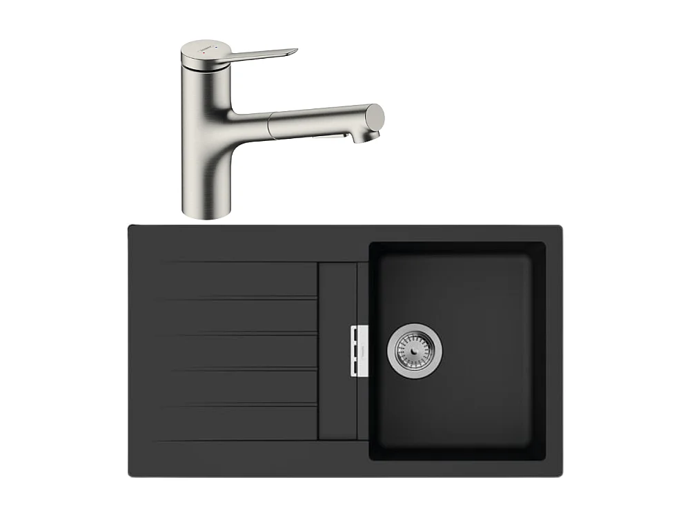 Evier 1 bac 840 HANSGROHE S52 synthèse noir + robinet de cuisine avec douchette HANSGROHE Zesis M33 150 2 jets aspect acier inox