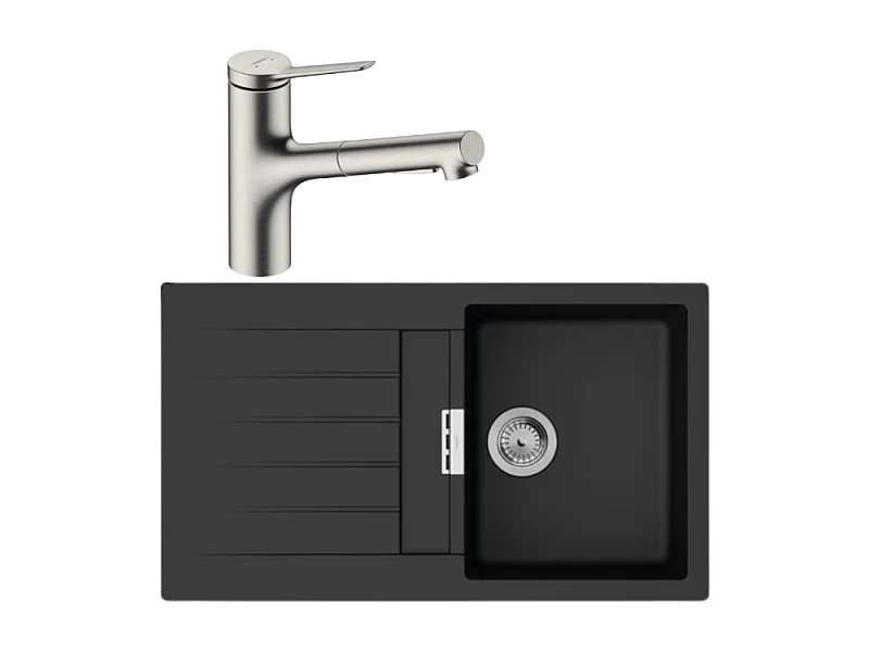 Evier 1 bac 840 HANSGROHE S52 synthèse noir + robinet de cuisine avec douchette HANSGROHE Zesis M33 150 2 jets aspect acier inox