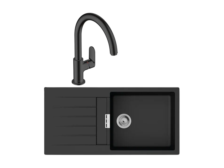 Evier 1 bac 980 HANSGROHE S52 synthèse noir + robinet de cuisine HANSGROHE Vernis Blend M35 210 noir mat