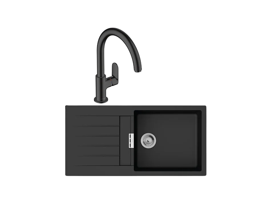 Evier 1 bac 980 HANSGROHE S52 synthèse noir + robinet de cuisine HANSGROHE Vernis Blend M35 210 noir mat