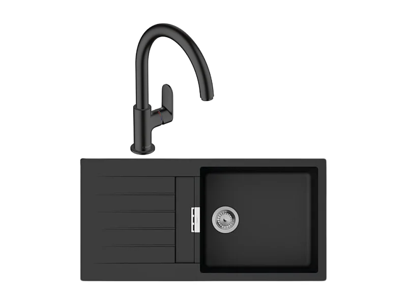 Evier 1 bac 980 HANSGROHE S52 synthèse noir + robinet de cuisine HANSGROHE Vernis Blend M35 210 noir mat