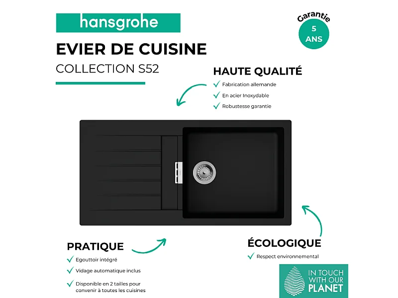 Evier 1 bac avec égouttoir 980 HANSGROHE S52 synthèse noir