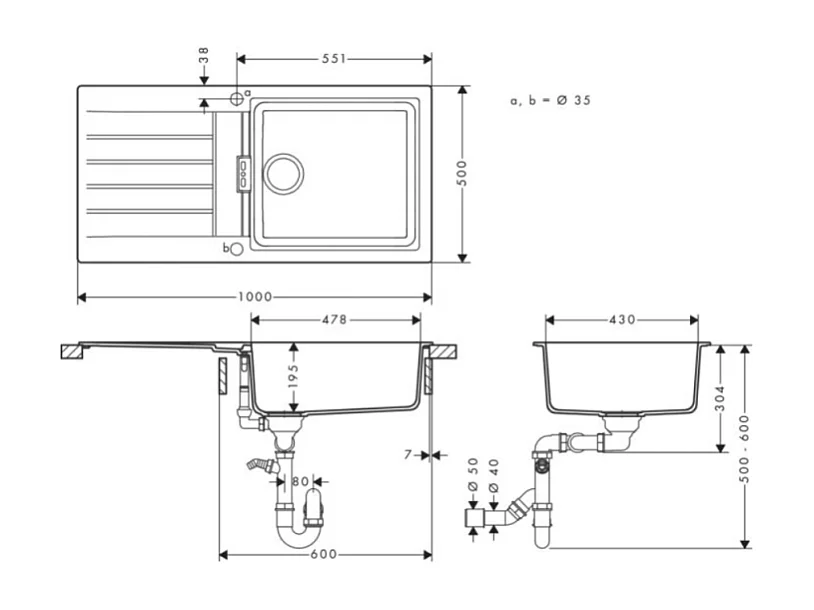 Evier 1 bac avec égouttoir 980 HANSGROHE S52 synthèse noir