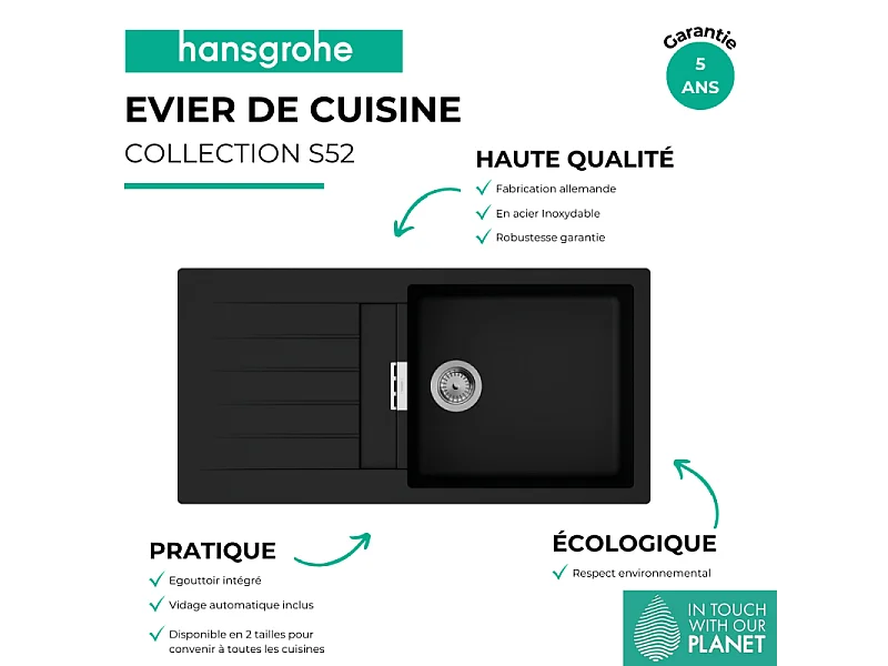 Evier 1 bac avec égouttoir 980 HANSGROHE S52 synthèse noir