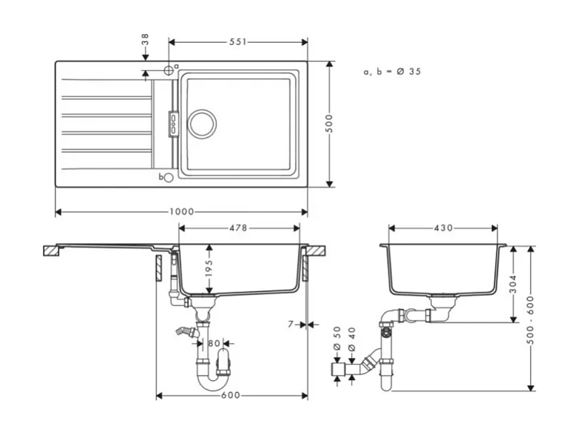 Evier 1 bac avec égouttoir 980 HANSGROHE S52 synthèse noir