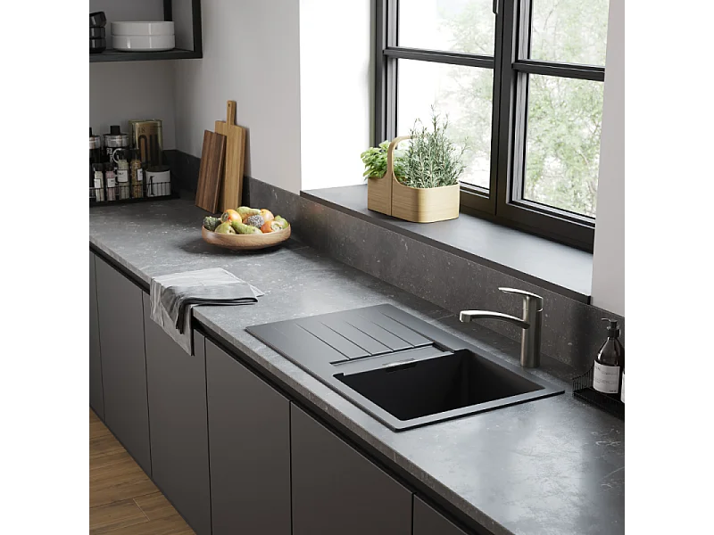Evier 1 bac avec égouttoir 980 HANSGROHE S52 synthèse noir