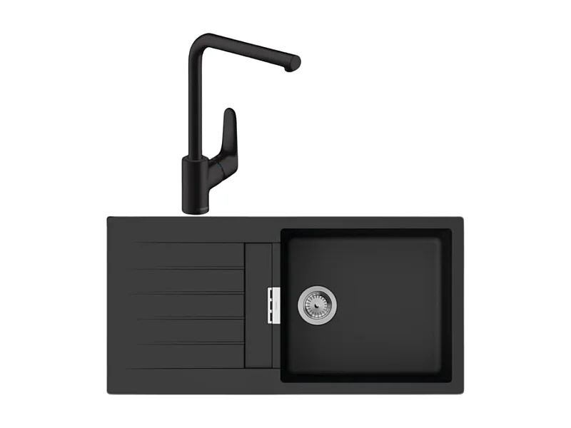 Evier 1 bac 980 HANSGROHE S52 synthèse noir + robinet de cuisine HANSGROHE Focus M41 280 noir mat