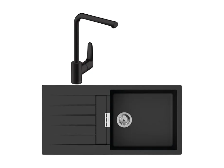 Evier 1 bac 980 HANSGROHE S52 synthèse noir + robinet de cuisine HANSGROHE Focus M41 280 noir mat