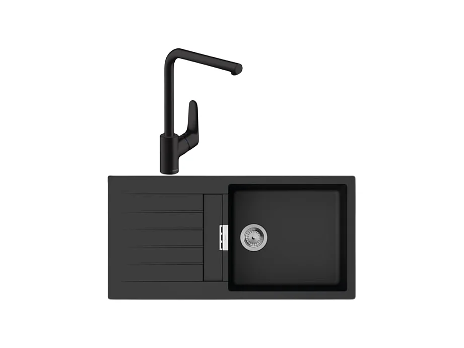 Evier 1 bac 980 HANSGROHE S52 synthèse noir + robinet de cuisine HANSGROHE Focus M41 280 noir mat