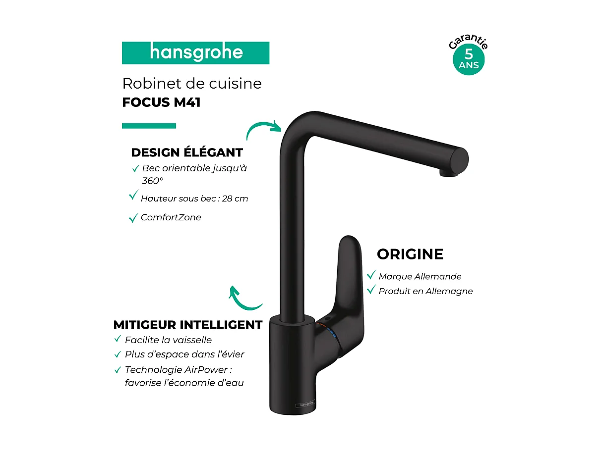 Evier 1 bac 980 HANSGROHE S52 synthèse noir + robinet de cuisine HANSGROHE Focus M41 280 noir mat