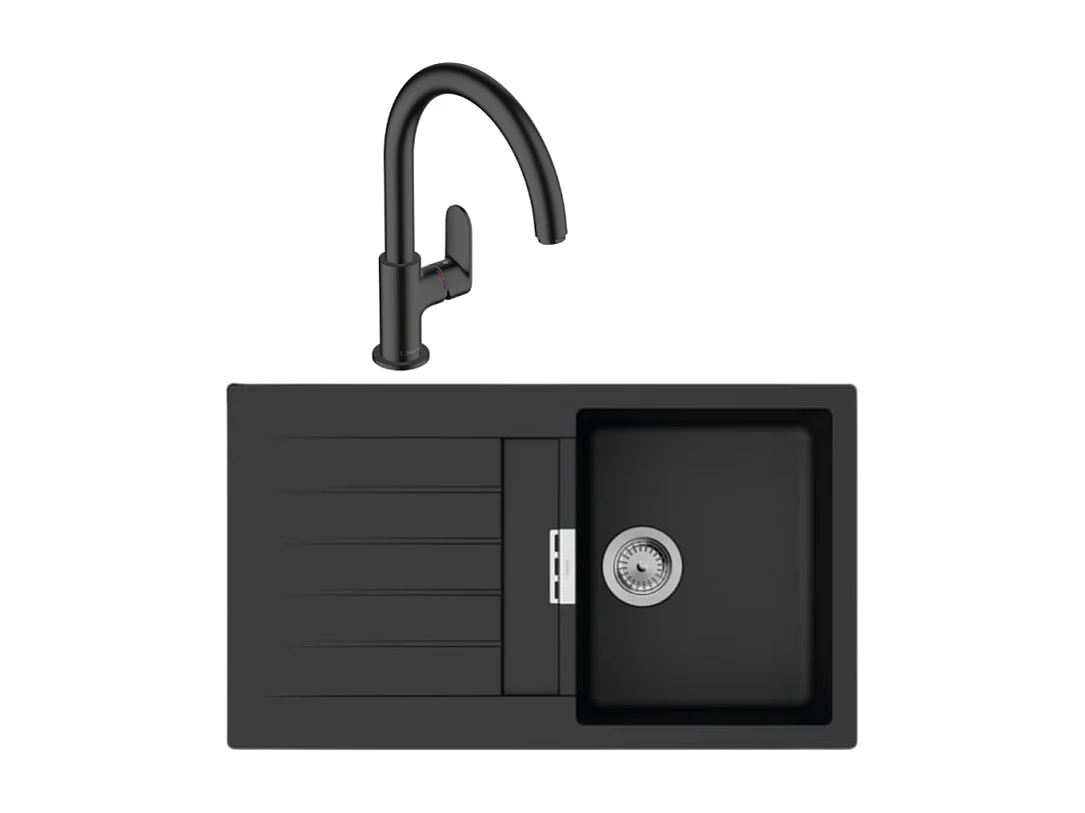 Evier 1 bac 840 HANSGROHE S52 synthèse noir + robinet de cuisine HANSGROHE Vernis Blend M35 210 noir mat