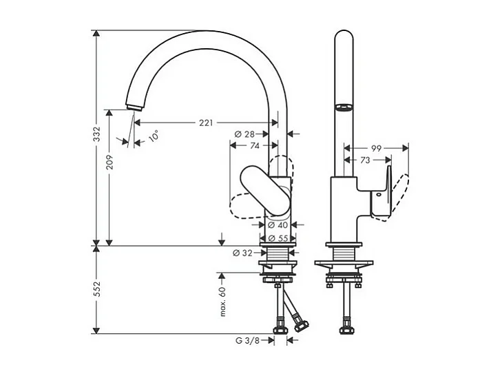 Evier 1 bac 840 HANSGROHE S52 synthèse noir + robinet de cuisine HANSGROHE Vernis Blend M35 210 noir mat