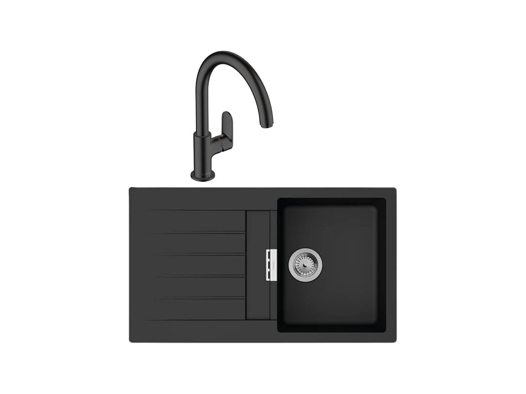 Evier 1 bac 840 HANSGROHE S52 synthèse noir + robinet de cuisine HANSGROHE Vernis Blend M35 210 noir mat