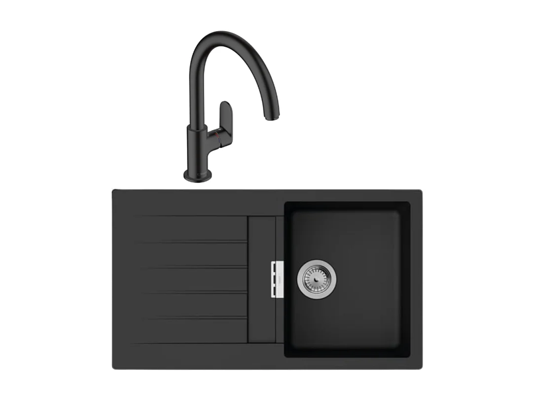 Evier 1 bac 840 HANSGROHE S52 synthèse noir + robinet de cuisine HANSGROHE Vernis Blend M35 210 noir mat