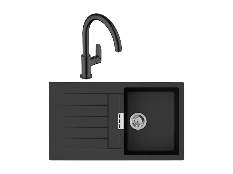 Evier 1 bac 840 HANSGROHE S52 synthèse noir + robinet de cuisine HANSGROHE Vernis Blend M35 210 noir mat