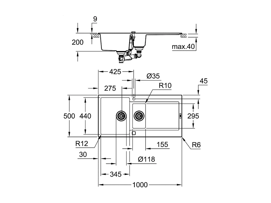 GROHE Evier composite avec égouttoir K500 Noir Granite 31646AP0